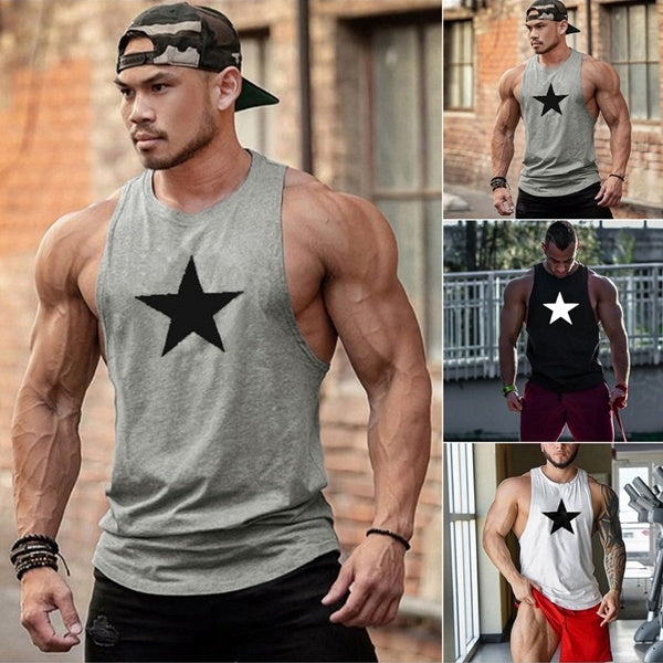 Men Fitness Outdoor Sport Running Climbing Sleeveless Star Printed T-Shirt Bodybuilding Men Under Skin Muscle Gym Loose Train Vest