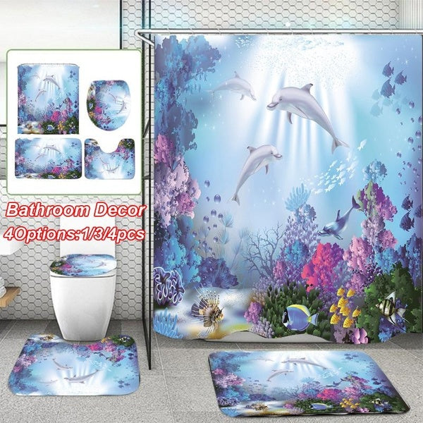 4 Options Romantic Underwater World Waterproof Shower Curtain Dolphin Bathroom Suit Toilet Cover Mat Non-Slip Floor Mat Bathroom Rugs Set(4-3-1 Pcs )