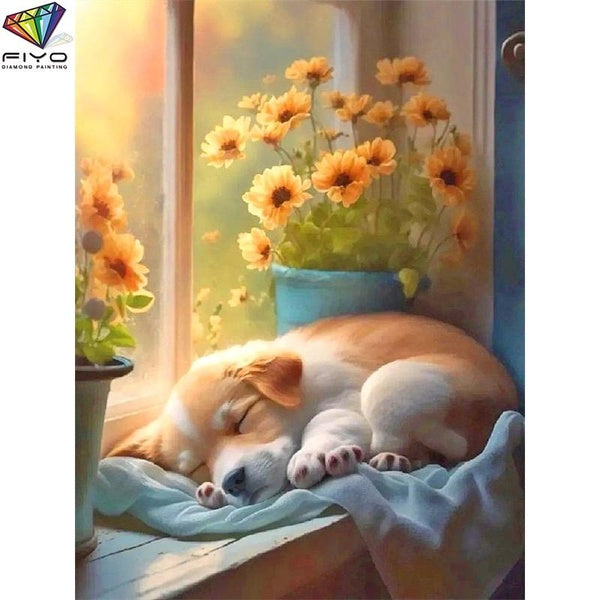 FIYO Sleeping puppy DIY 5D Diamond Painting Full Drill with Number Kits Home and Kitchen Fashion Mosaic Diamond Painting Canvas Wall Decoration Gift