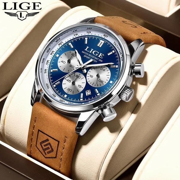 LIGE montre de luxe pour hommes, haute qualité, étanche, chronographe lumineux, montre-bracelet en cuir pour hommes, montres à Quartz, horloge décont