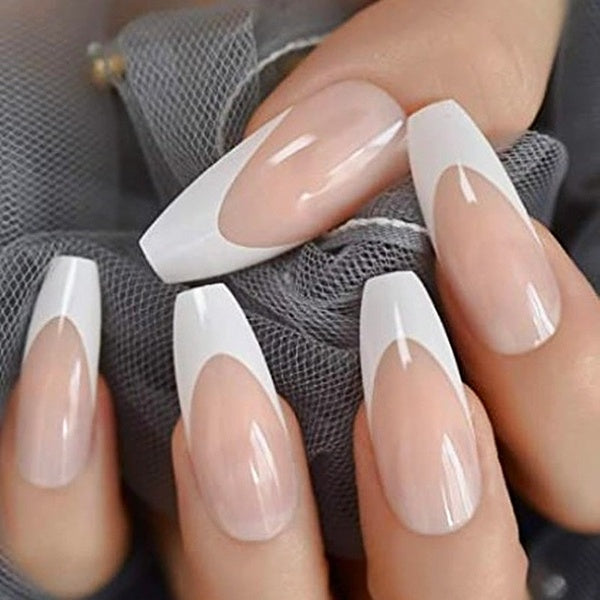 Long Shiny French Nail Natural Nude Full Cover Plastic Artificial Fingernails DIY Nail Tips Manicure Glossy Ballerina Nails 24pcs