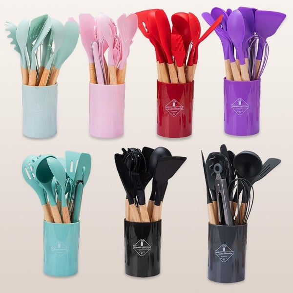 Silicone Cooking Utensil Set, 12 pcs Silicone Cooking Kitchen Utensils Set, Non-stic - Best Kitchen Cookware with Stainless Steel Handle