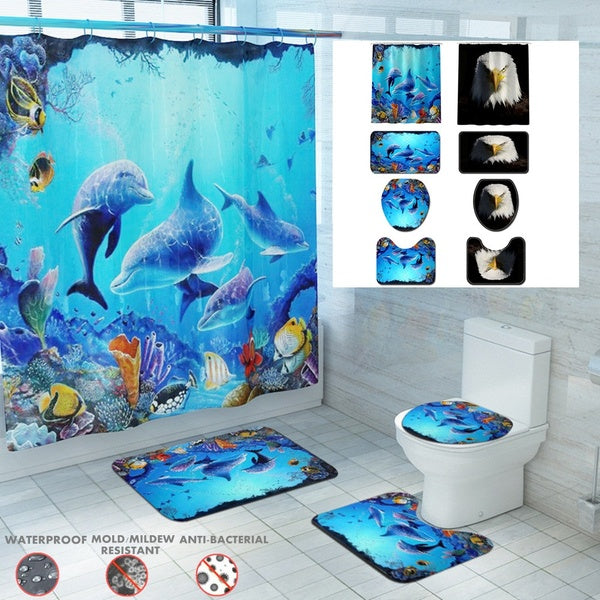 1-3-4 pièces Animal bleu mer dauphin aigle impression étanche salle de bain rideau de douche antidérapant ensemble de tapis piédestal tapis couvercle