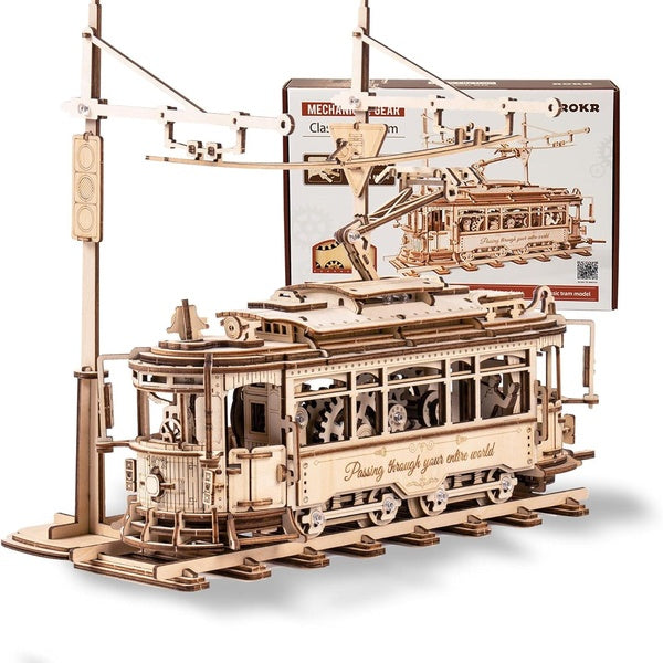 Puzzles 3D en bois, kits de maquettes de voitures pour adultes à construire - Train de tramway jouet en bois avec chemin de fer - Puzzles 3D en bois