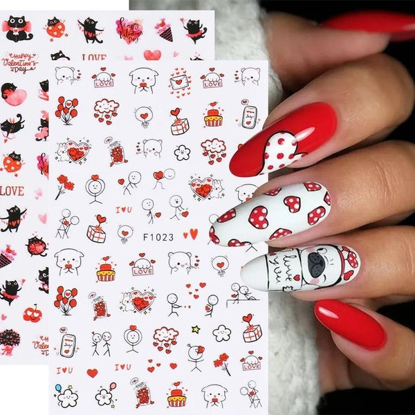 Cartoon Valentine Nail Stickers 3D Love Heart Cat Bear Balloon Rose Letter Romantic Foils Gel Polish Slider Manicure Decoration