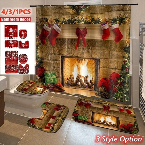3 Styles 3D Christmas Decoration Bathroom Set Christmas Decoration Waterproof Shower Curtain Non-slip Bathroom Seat Cushion + Toilet Cover + Floor Cu