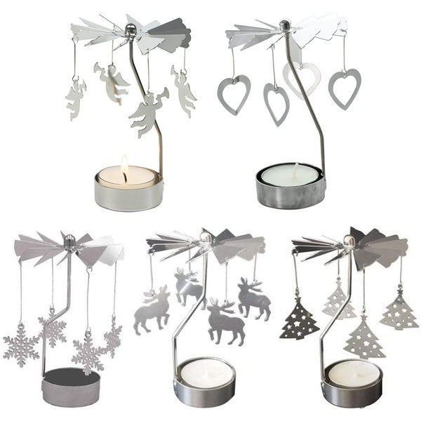 Spinning Tea Light Holder, Metal Rotating Candle Holder Christmas Rotating Candlesticks Snowflake Reindeer Xmas Tree Design for Valentines, Wedding,