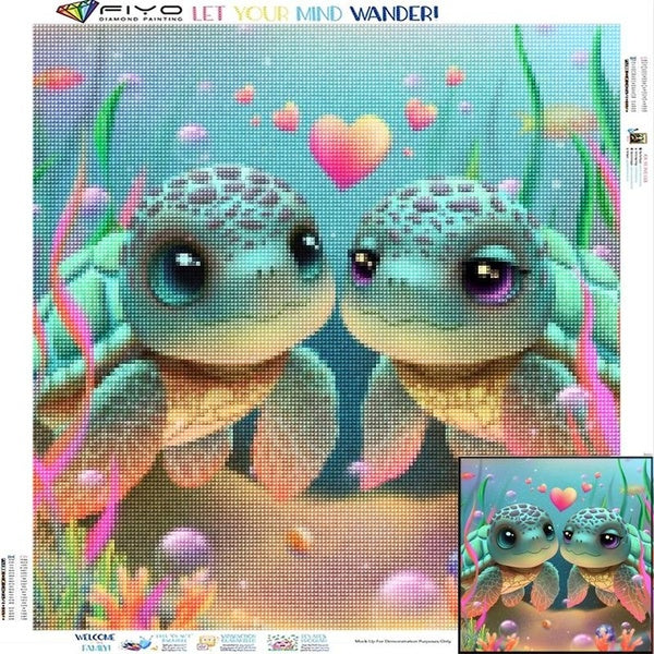 FIYO Little Turtle Couple DIY 5D Diamond Painting Full Drill with Number Kits Home and Kitchen Fashion Mosaic Diamond Painting Canvas Wall Decoration