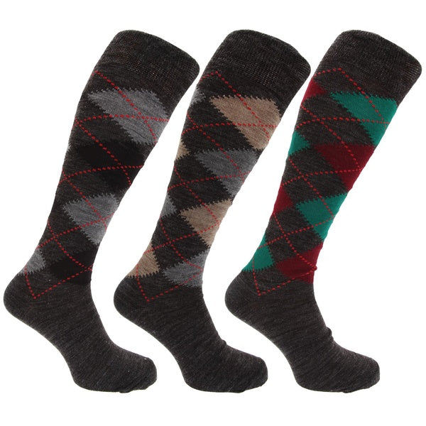 Mens Traditional Argyle Pattern Long Length Lambs Wool Blend Socks (Pack Of 3)