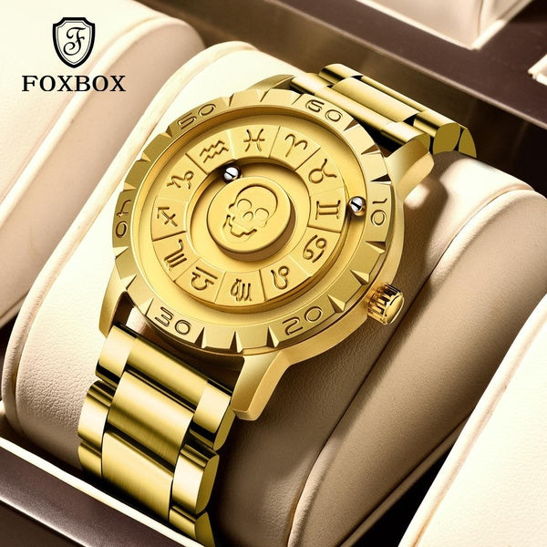 FOXBOX Men's Watches Top Brand Luxury Stainless Steel Chronograph Quartz Watch Creative Scroll Dial Waterproof Wristwatch