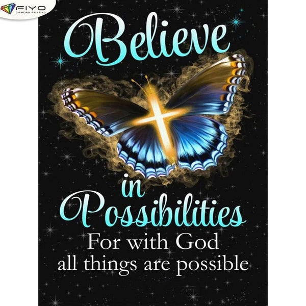 FIYO Butterfly "Believe" DIY 5D Diamond Painting Full Drill with Number Kits Home and Kitchen Fashion Mosaic Diamond Painting Canvas Wall Decoration