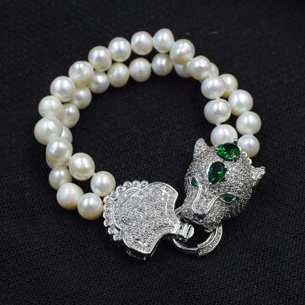 Handmade natural 2 strands 8-9mm freshwater white pink pearl bracelet micro inlay zircon leopard head accessories clasp 20cm Matron Inn
