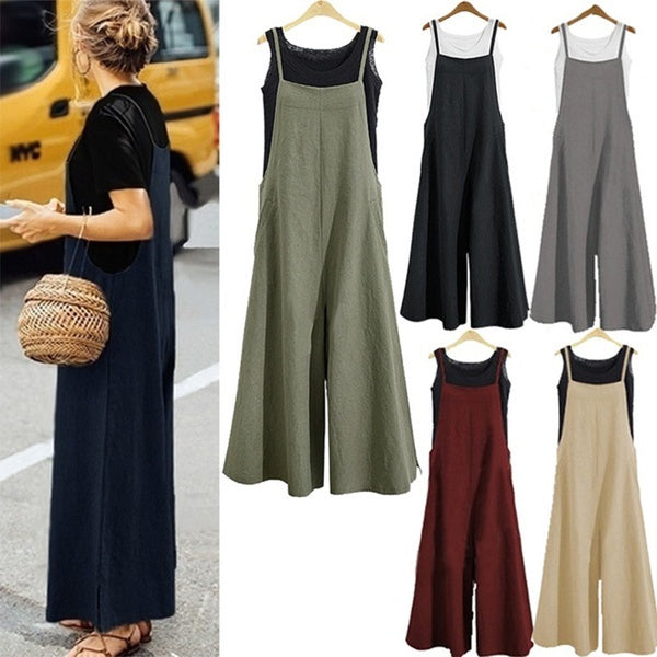 Autumn Summer Ladies Casual Loose Solid Tank Jumpsuit Long Suspender Overalls Bib Pants Long Skirt For Young Girl(Plus Size S-5XL)