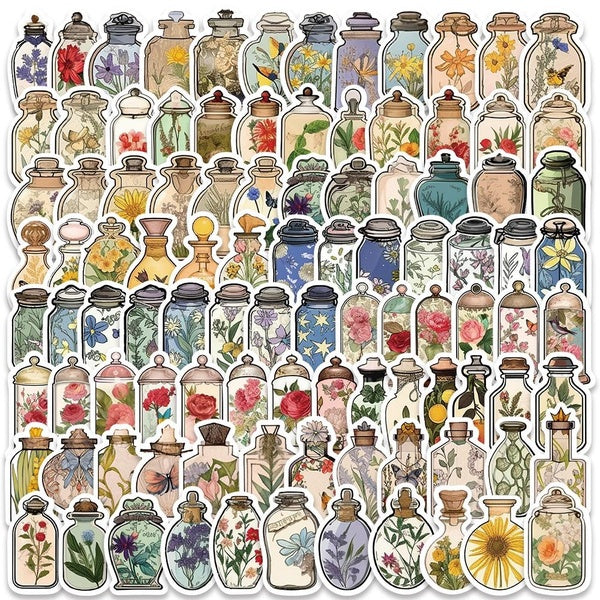 100pcs Retro Cartoon Flowers in the Bottle Stickers Pack Vinyl Laptop Phone Decals Luggage Guitar Skateboard Bicycle Car Waterproof Graffiti Kids Toy