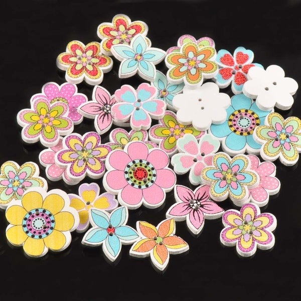 50 pcs Mixte Peint Fleurs Colorées Boutons En Bois Pour L'artisanat Décoratif Scrapbookings Couture Vêtements Bouton Accessoires MT1515