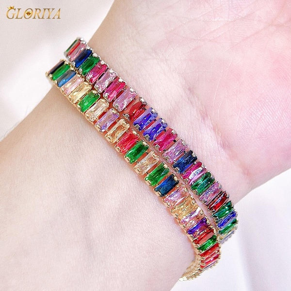 Gloriya Fashion Costume Jewellery Inlay Multicolor Baguette Cut AAAAA Cubic Zirconia Gold Color Silver Plated Personality Women Pageant Bracelet Bang