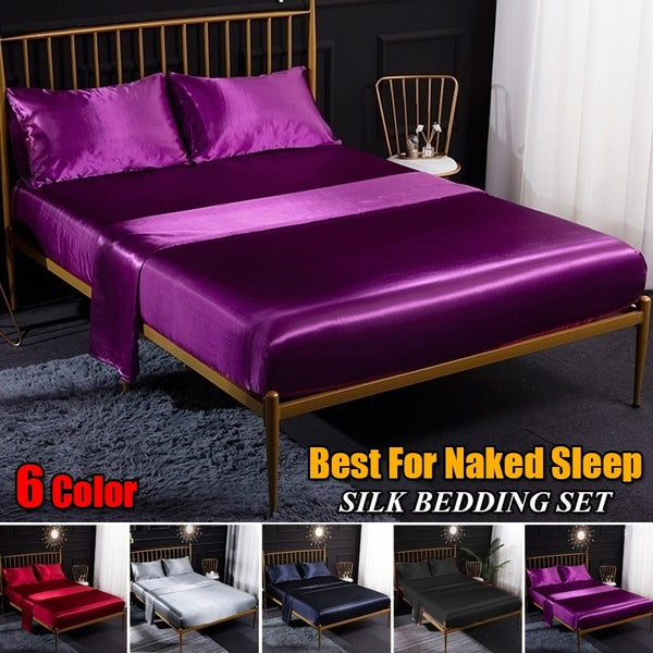 Home Decor Luxury Pure Satin Silk Bedding Set Soft Reversible Hypoallergenic Purple Bed Sheets 1-3-4 Pcs Flat Sheet & Fitted Sheet & Pillowcase Baby