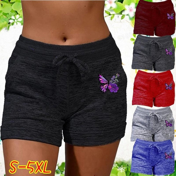 Funny Floral Butterfly Printed Womens Shorts Solid Color Elasticated Waist Shorts Plus Size Ladies Summer Yoga Gym Fitness Jogging Hot Pants Women Cl