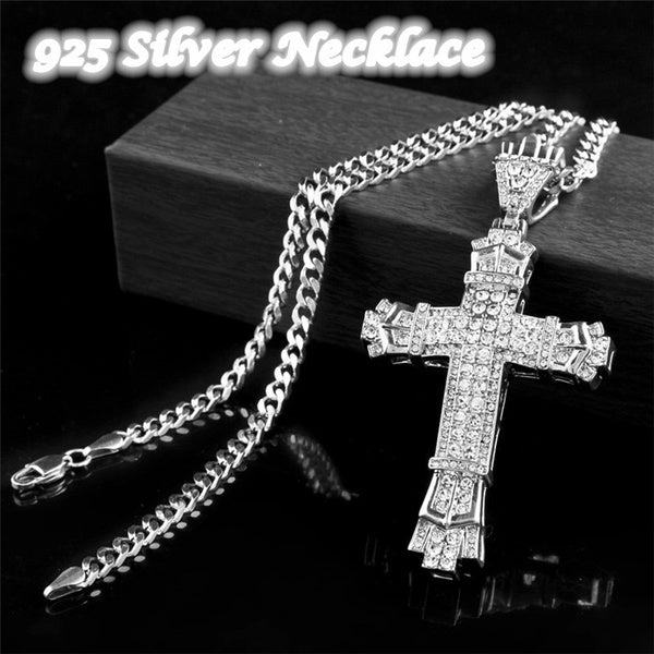 Men's Fashion accessories 925 Silver - Gold DIAMOND Cross Pendant Necklace Chain Cross Necklace