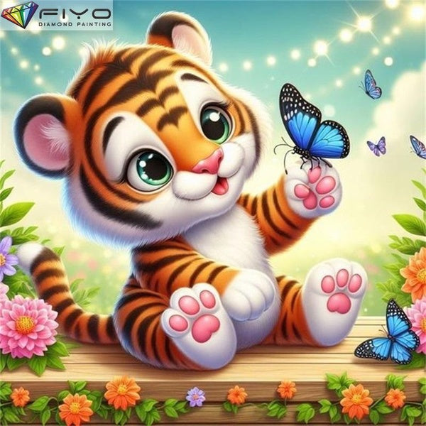 FIYO Butterfly and Tiger Cub DIY 5D Diamond Painting Full Drill with Number Kits Home and Kitchen Fashion Mosaic Diamond Painting Canvas Wall Decorat