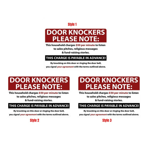 6" SOLICITING sign per minute 'Door Knockers Please Note' Decal Sticker