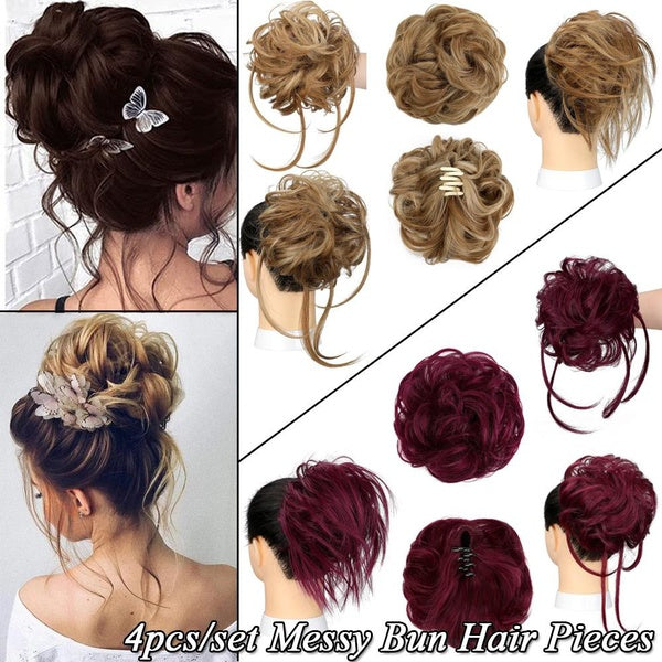 4pcs Messy Bun Hair Piece Wavy Curly Hair Scrunchies Extension Hair Bun Extension Synthetic Hair Extensions Tousled Updo Chignon Hair Pieces For Ladi