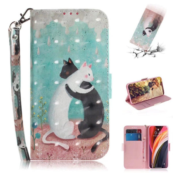 Étui à rabat en cuir à motif de chat noir et blanc avec protection de porte-cartes pour iPhone 14 13Pro Samsung Galaxy S22Plus S21 S10Plus A12 A53 No
