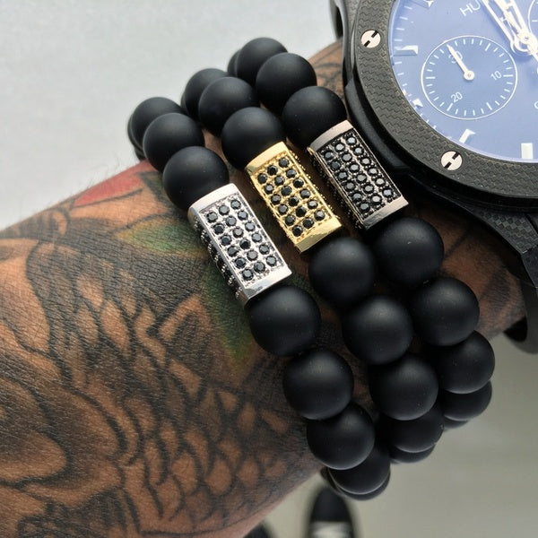 Hommes Charme Perles De Pierre Naturelle Cuivre 8mm Chanceux Pierre Noire À La Mode Classique Couple Bracelet Erkek Bileklik