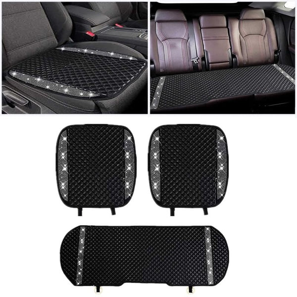 Bling Leather Car Front Seat Cover Auto Rhinestone Breathable Seat Cover and Crystal Back Seat Cushion Car Seat Protector Pad Mat for Women