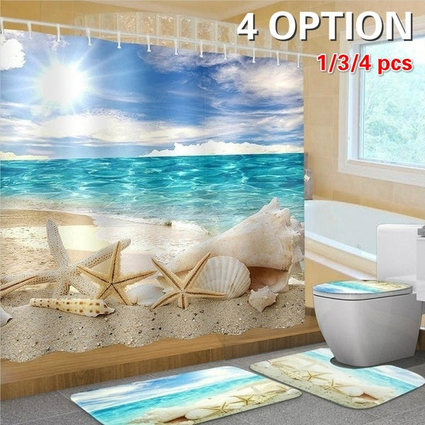 New Fashion Summer Beach Blue Conch Starfish Print Waterproof Mildew-proof Shower Curtain + Anti-Slip Bathroom Pedestal Rug + Toilet Lid Cover + Floo