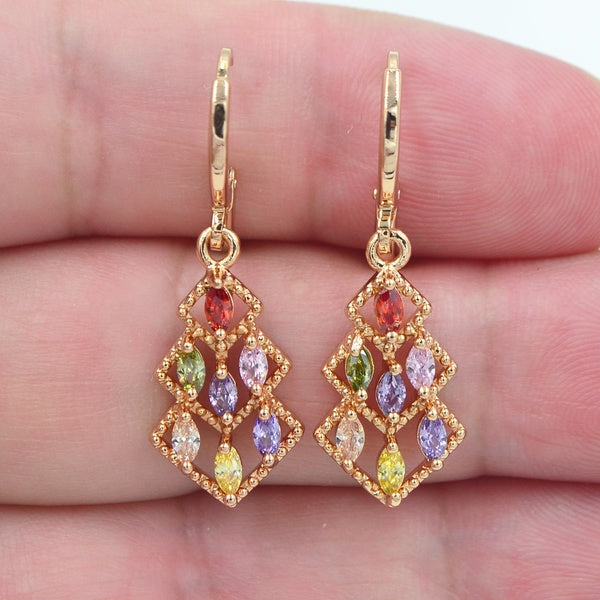 Boucles d'oreilles pendantes en forme de losange multicolore avec zircon cubique CZ Bijoux
