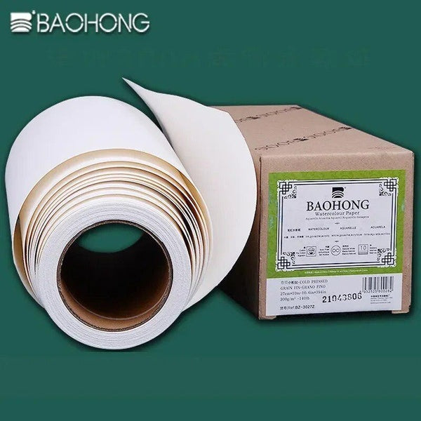 BAOHONG 10 meters Watercolor Paper Roll 300g Natural White 100% Cotton 10.6-14.6in*394in (27-37cm*10m) Professional Paper