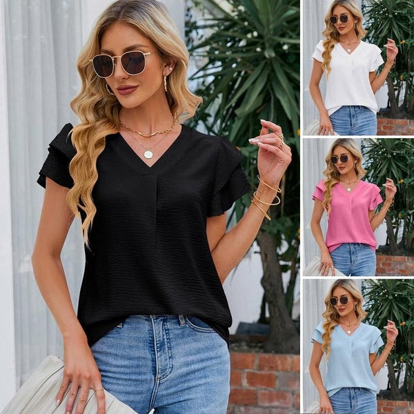 Mode d'été Blouses femmes col en V Lotus feuille manches chemises en mousseline de soie lâche t-shirts grande taille