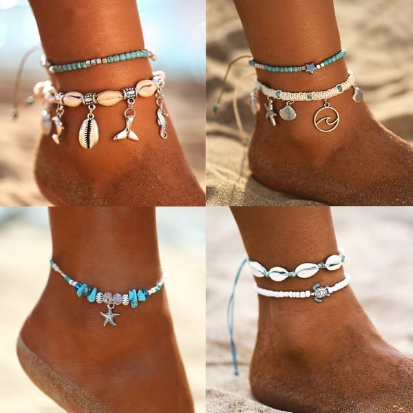 New Hot Fashion 1PCS Style Starfish Shell Anklet Set Women Ocean Jewellery Seahorse Tortoise Mermaid Tail Charm Stone Beads Anklets Bracelet Boho Sum