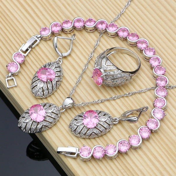 Natural Pink Gemstone Topaz 925 Silver Jewelry Sets Wedding Women Earrings-Pendant-Necklace-Ring-Bracelets