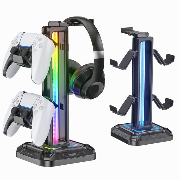 RGB Headset Stand with 9 Light Modes - Controller Holder for Desk - Rotatable Headphone Stand & Detachable Controller Hook for PC Earphone Accessorie