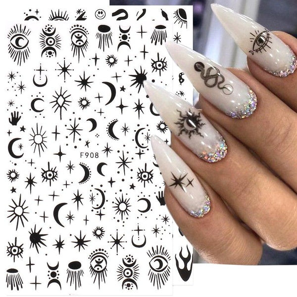 Black Stars Moon Eyes Nail Art Stickers Fire Flame Snake Rose Flower Leaves Autumn Winter Halloween DIY 3D Manicure Decoration