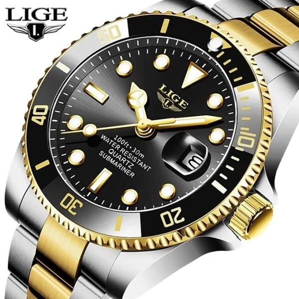 LIGE mode hommes montre Date montre-bracelet 30ATM étanche en acier inoxydable montres de Sport pour hommes horloge à Quartz + boîte