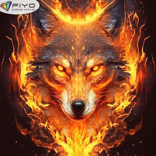 FIYO DIY 5D Fire Wolf Diamond Painting Full Drill with Number Kits Home and Kitchen Fashion Mosaic Diamond Painting Canvas Wall Decoration Gift Craft