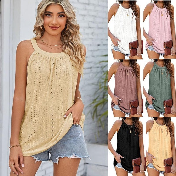 Women Trendy Tank Tops Loose Fit High Neck Sleeveless Halter Tops Casual Pleated Eyelet Summer Flowy Cami Shirts Blouse