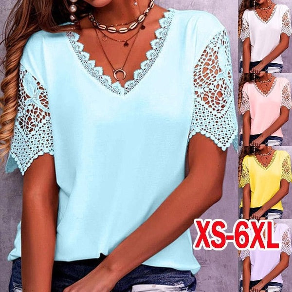 XS-6XL Womens Fashion Clothing Summer Tops for Woman Casual Short Lace Sleeved T-shirts Solid Color Blouses Ladies Loose Plus Size V-neck Shirts