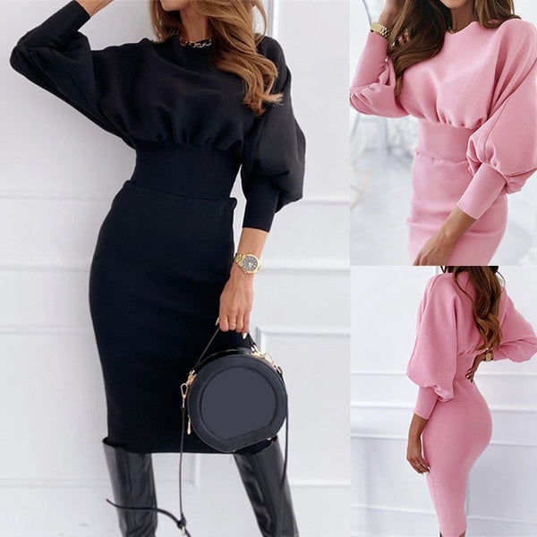 Fashion Bubble Sleeve Collect Waist Midi Dress Solid Color Pacakge Hip Autumn Winter Women Dress