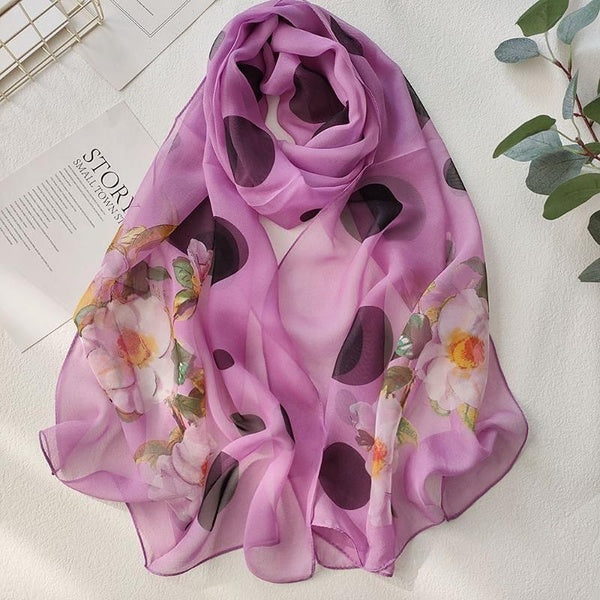 Women's Fashion Summer Long Soft Flower Print Scarf Shawl Chiffon Silk Scarves Sunscreen Beach Scarf