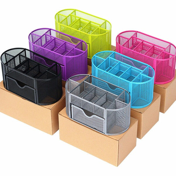 Mesh Desk Organizer Desktop Office Supplies with 9 Compartments, Office Desktop Organizer with Drawer, Metal Pen Holder Stationery Caddy Multifunctio