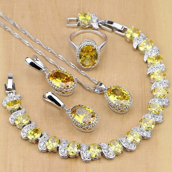 Women Silver Jewelry Set Yellow Cubic Zirconia With Beads For Women Earrings-Pendant-Necklace-Rings-Bracelet