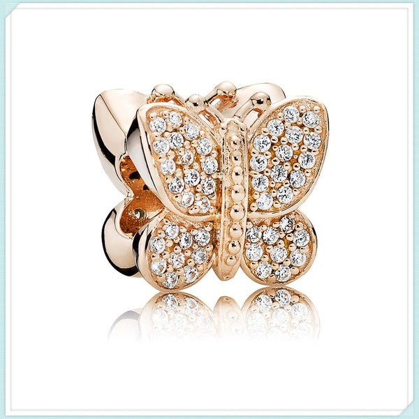 Perle de charme papillon étincelante en or rose's'adapte au bracelet à breloques européen