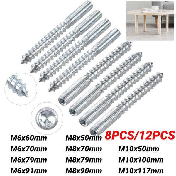 8pcs-12pcs Carbon Steel Hanger Bolt M6-M8-M10 Double Headed Bolt Self-tapping Screw for Furniture Connection Fastener Hardware Supplies