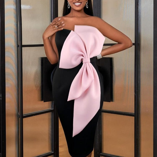 Strapless Party Dress for Women Tube Top Black Pink Patchwork Bodycon High Waist Slim Fit Evening Club Event Midi Gowns Outfits