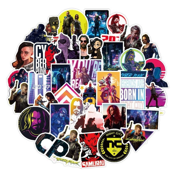 15-50Pcs Cyberpunk 2077 Stickers Not Repeating Waterproof Stickers Suitcase Guitar Luggage Trolley Phone Car Decorative Decal Laptop Stickers Decals