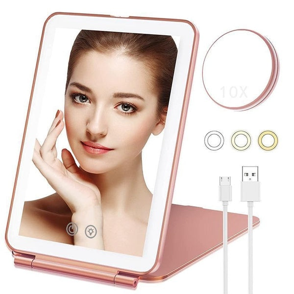 LED Lighted Travel Makeup Mirror with 10X Magnifying Mirror, Vanity Mirror with Lights, 3 Color Lighting Dimmable, USB Rechargeable Cosmetic Mirror